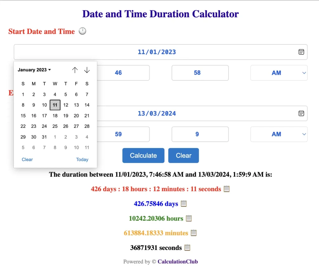 Date and Time Duration Calculator