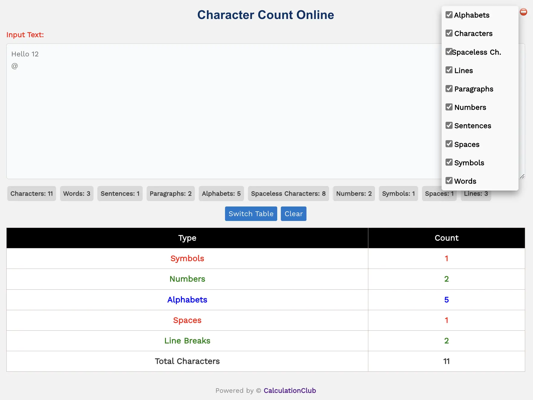 Character Count Online: First Table