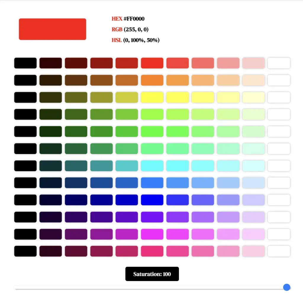 Color Chart With HEX, RGB, HSL Code