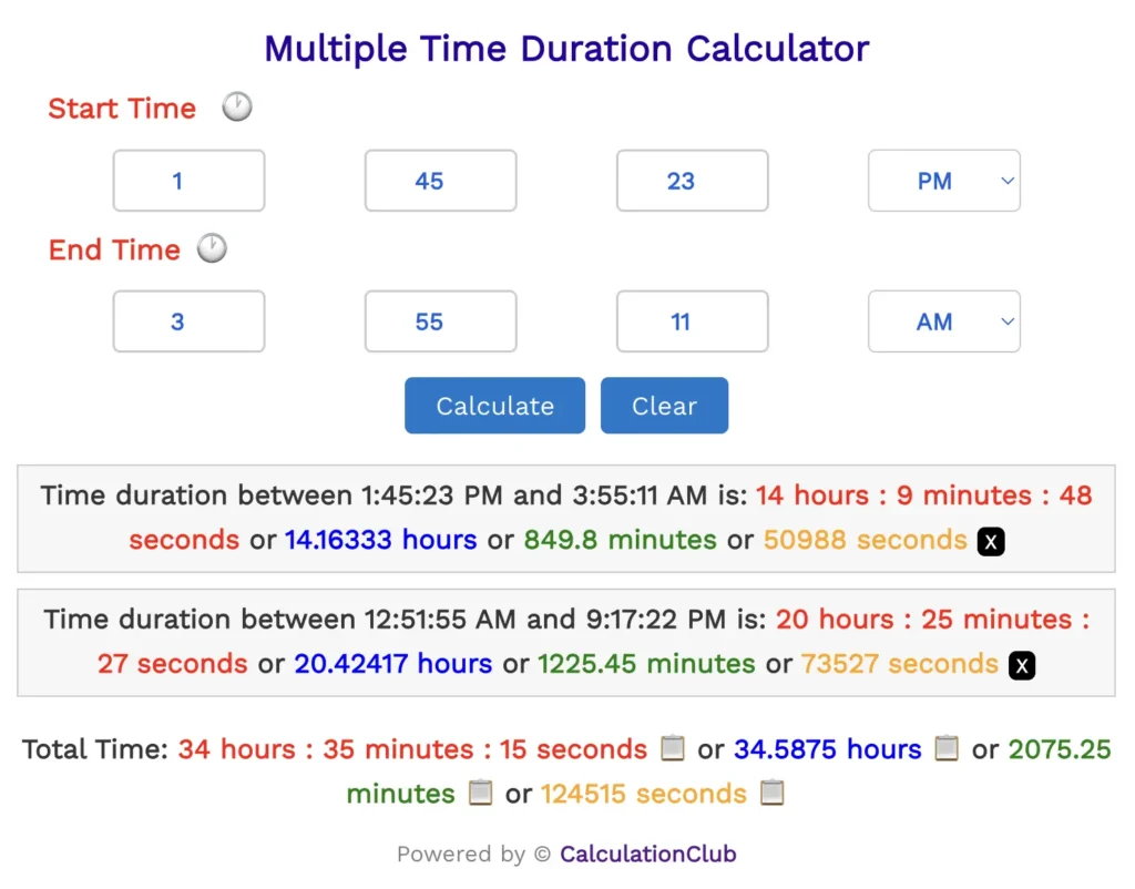 Multiple Time Duration Calculator