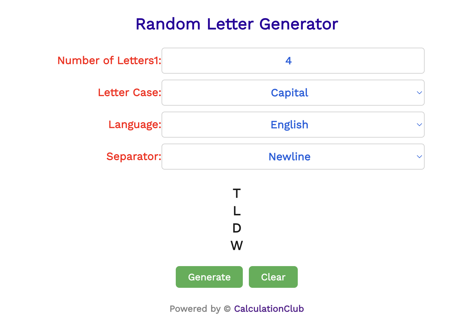 Random Letter Generator 5 | CalculationClub