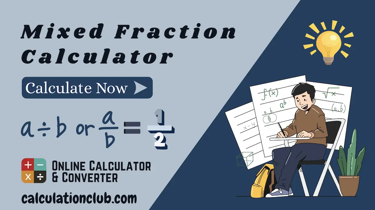 Calculate mixed fractions easily with our Mixed Fraction Calculator. Perform addition, subtraction, multiplication, and division with solutions. Mixed Fraction Calculator – Add, Subtract, Multiply & Divide Instantly